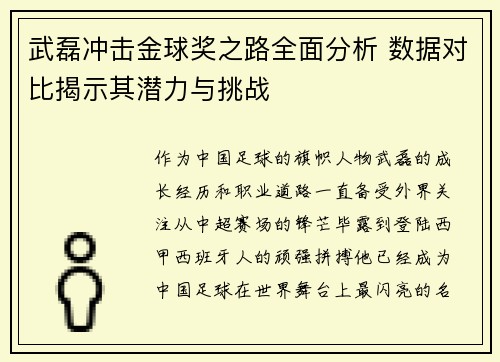 武磊冲击金球奖之路全面分析 数据对比揭示其潜力与挑战