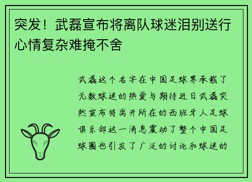 突发！武磊宣布将离队球迷泪别送行心情复杂难掩不舍