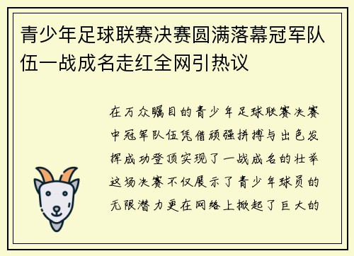 青少年足球联赛决赛圆满落幕冠军队伍一战成名走红全网引热议