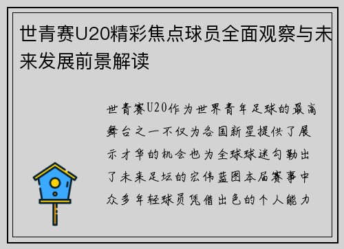 世青赛U20精彩焦点球员全面观察与未来发展前景解读