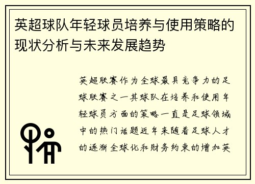 英超球队年轻球员培养与使用策略的现状分析与未来发展趋势